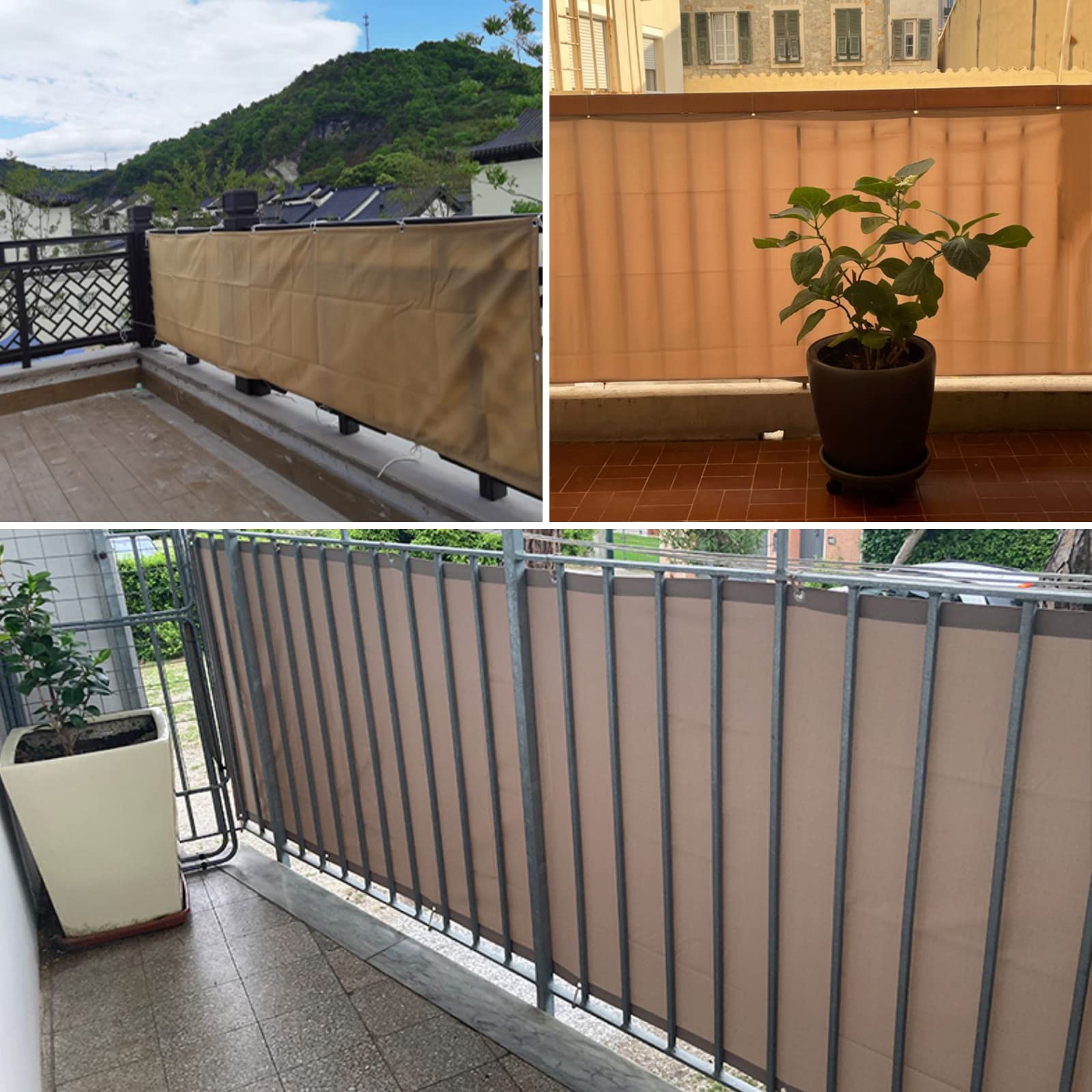Khakifarbene Balkonabdeckung 110 x 500 cm, blickdicht, mit Kabelbindern und Seil, ideal für Geländer, schützt Garten und Terrasse.