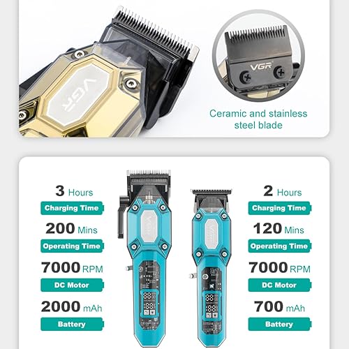 Miniatura 5 de VGR Cortadora de pelo profesional para hombres, juego de cortapelos y recortadoras inalámbricas, kit de corte de pelo para hombre con 10 peines