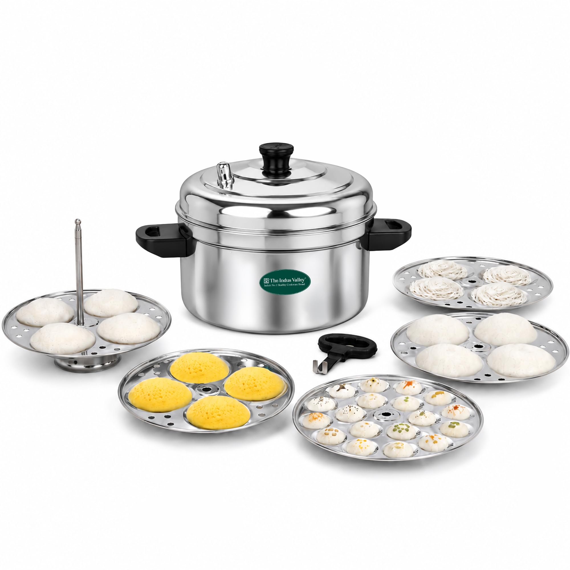 The Indus Valley Stainless Steel Idli Maker | Includes 4 Idli Plates + 1 Mini Idli Plate | Makes 34 Idli | Perfect for Idli, Momos & Idiyappam | Induction and Gas Compatible