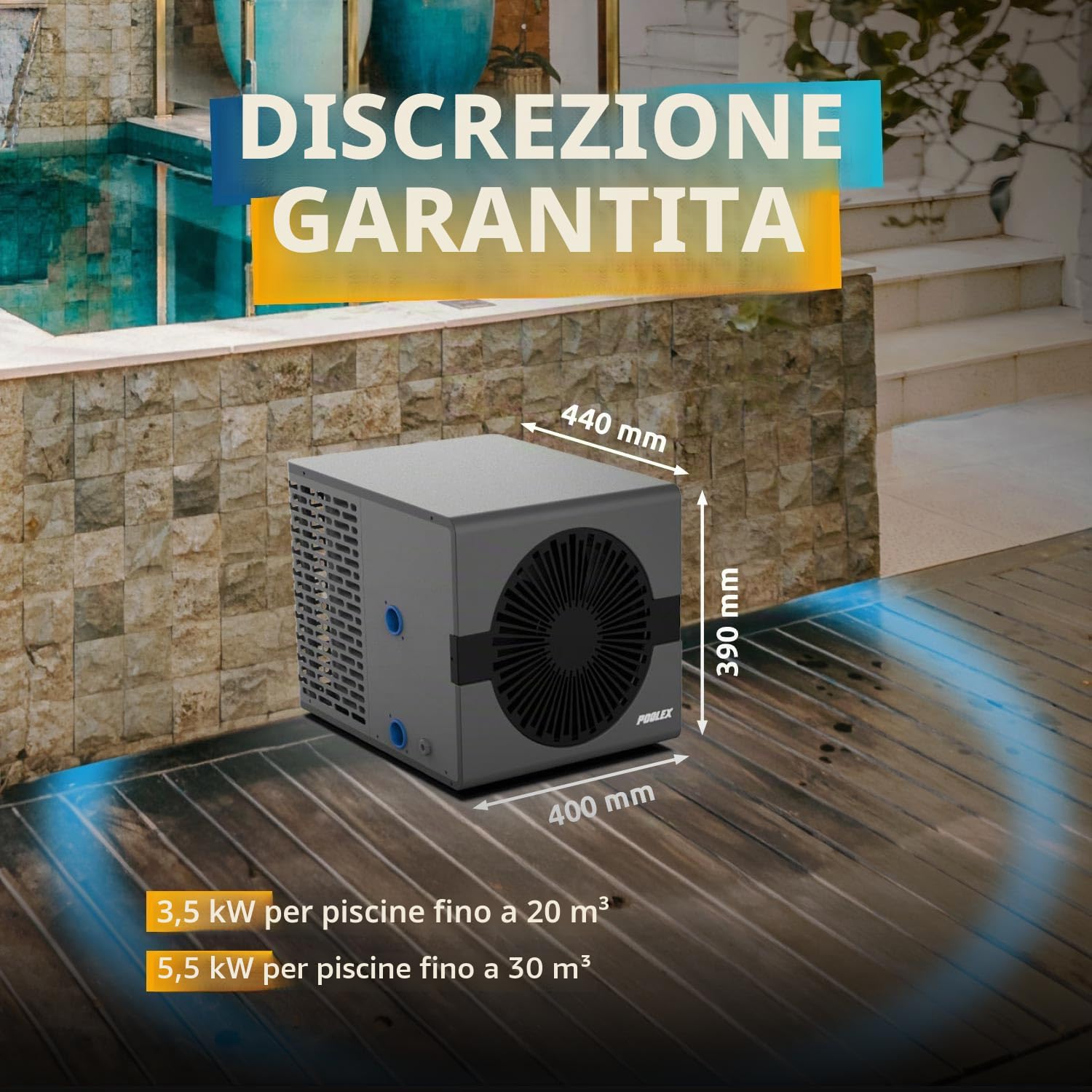 POOLEX - Pompa di Calore Nano 3 KW connessa Wi-Fi per Piccole Piscine compatte: Fuori Terra, Semi-sepolto, sepolto, Legno. Silenzioso e Reversibile.