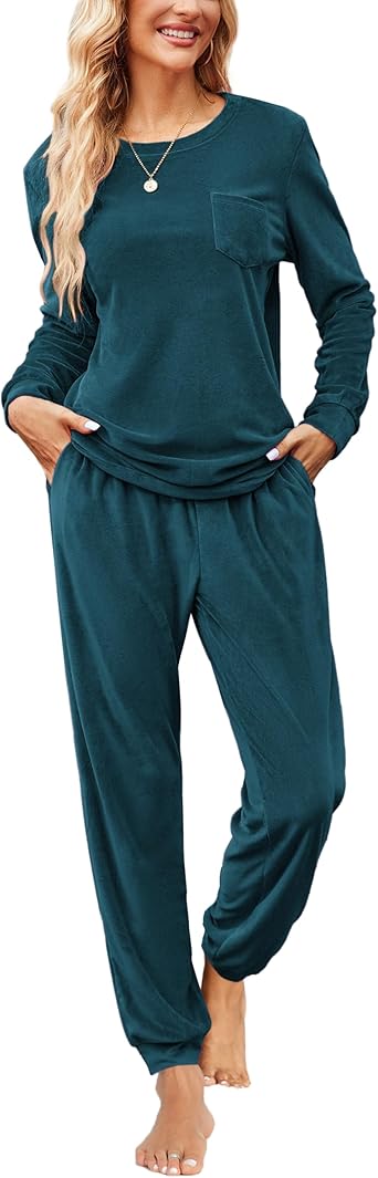 Ekouaer Womens Pajamas Sets Long Sleeve Soft Sleepwear 2 Piece Velvet Pjs Lounge Sets with Pockets