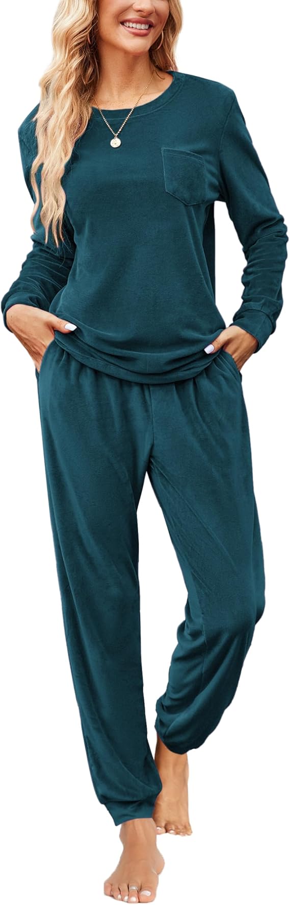 Ekouaer Womens Pajamas Sets Long Sleeve Soft Sleepwear 2 Piece Velvet Pjs Lounge Sets with Pockets