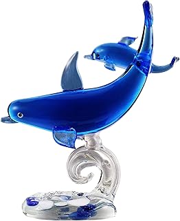 FOMIYES Dolphin Figurines Double Dolphin Glass Figurine with Base Handmade Art Glass Blown Marine Fish Statue Crystal Animals Paperweight Collectible Sculpture Home Decoration Glass Fish Figurines
