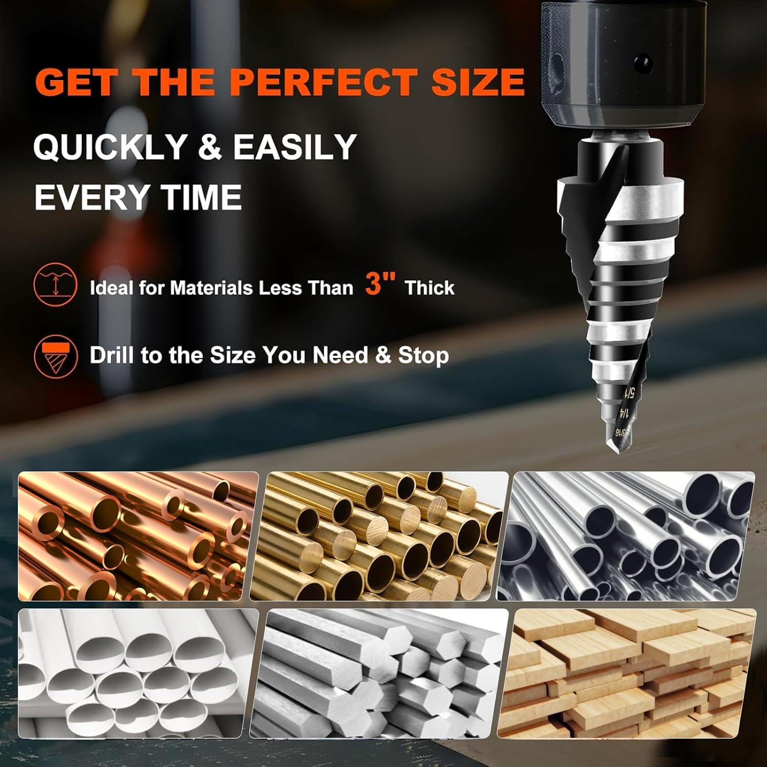 COMOWARE Step Drill Bit, 12 Sizes from 3/16" to 7/8", High Speed Steel Step Bit with 2 Spiral Flutes, 3-Flat Shank, Steps Bits for Metal, Aluminum/Wood/Plastic/Iron, Unibit for Electricians & DIY