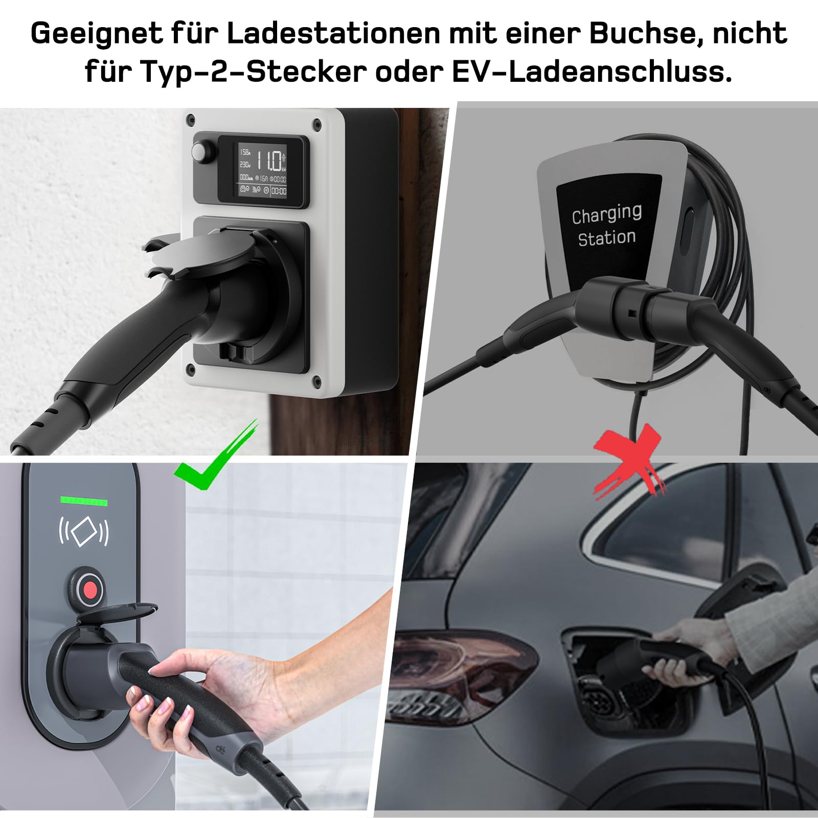 dé Adapter Typ 2 auf Schuko - Elektroauto Ladestecker, 16A 0.6m. Einfaches Laden an Ladestationen/Wallboxen trotz Verwendung von 230V Ladegeräten für E-Bike, E-Scooter, Motorrad. IP55 Nicht für V2L