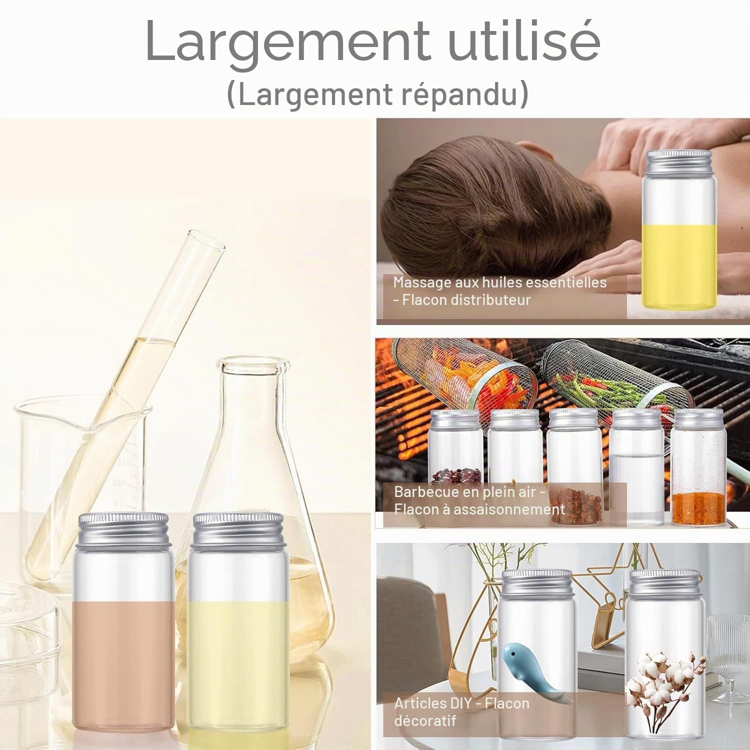 50Pcs Tubes à Essai en Verre, Transparent Tube avec Bouchon à Vis 10ml/20ml, avec 3pcs Autocollant d’étiquette et 2pcs Brosse de Nettoyage, Pour Épices, Bonbons, Liquides, Sels, Fleurs