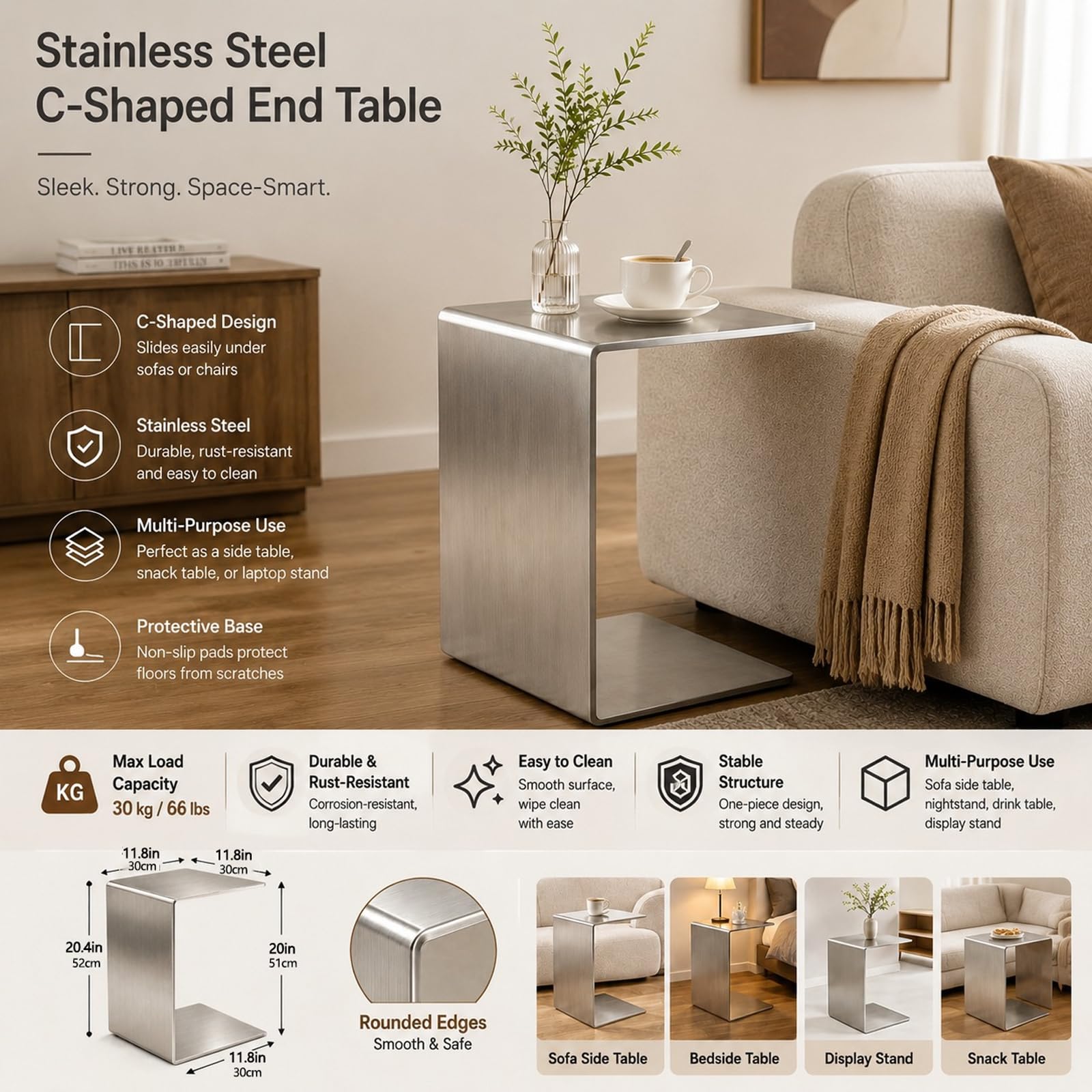 Stainless Steel C-Shaped End Table, Silver Sofa Bedside | one-piece bent form, brushed finish, pre-assembled, end table