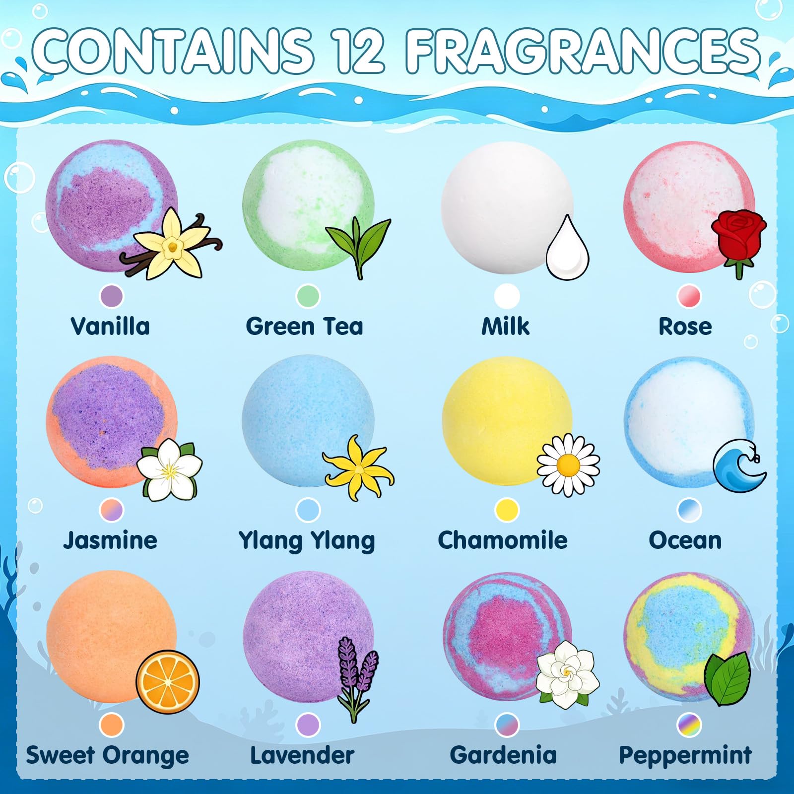 Bombe de Bain Enfant, 12 Pcs Ocean Bath Bombs for Kids, Nouve Boule de Bain Enfant avec Surprise Bombe de Bain Moussant avec Surprise Dedans, Cadeau d' anniversaire pour bébé et enfants de 4-10 ans