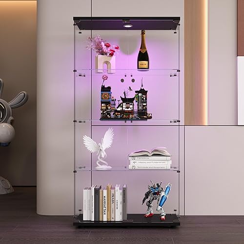 Miniatura 171 de Vitrina de cristal con 4 estantes con tira de luces LED y cerradura, vitrina de vitrina con ruedas y 1 puerta, vitrina de vidrio templado para sala