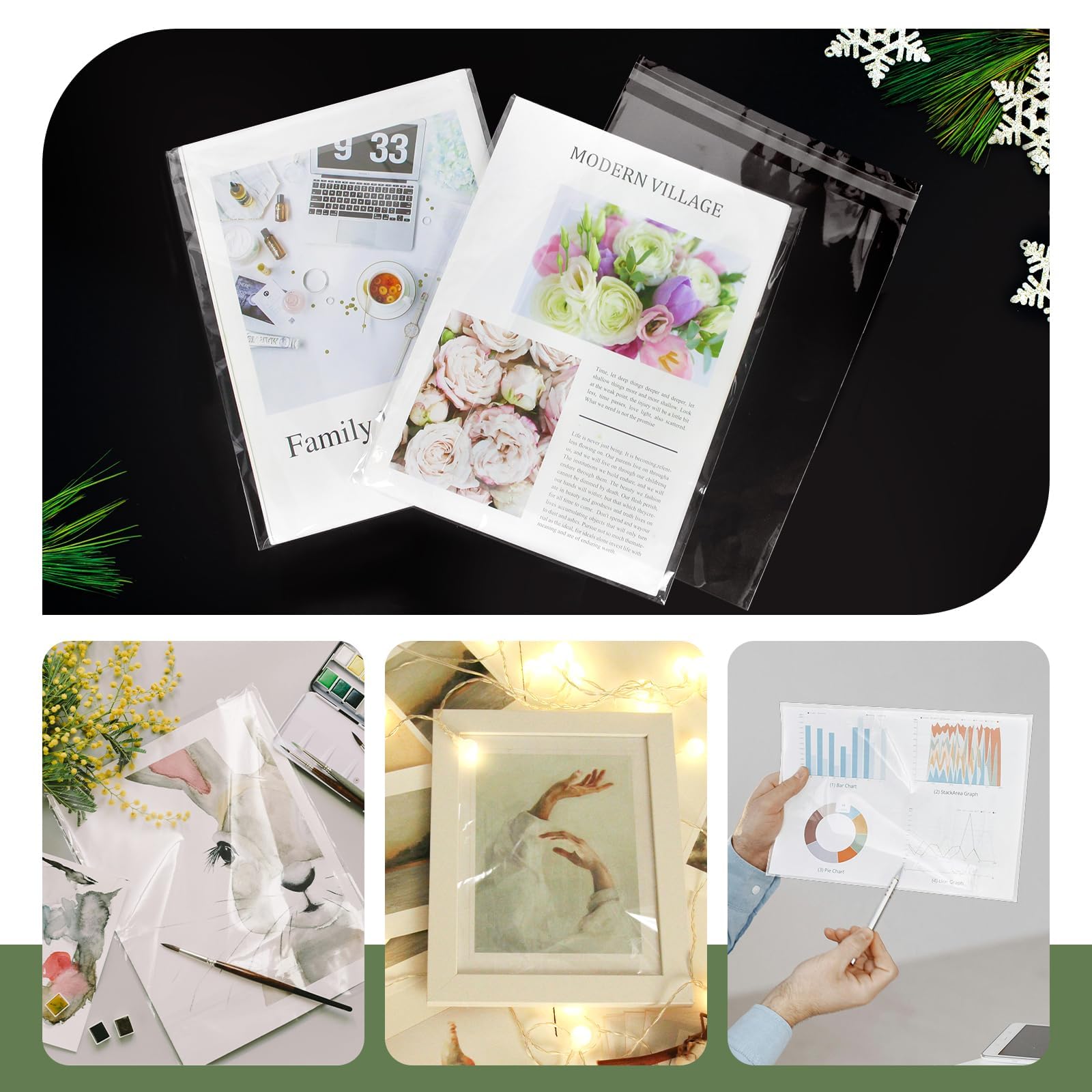 100PCS 8.5 x 11 Inch Cellophane Bags Self Sealing, Resealable Clear Plastic Sleeves for Paper, Artwork, Photo Mats, Comic, Magazine Page Protectors