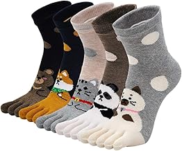 LOFIR Chaussettes Fantaisie Femmes Chat Chien Chaussettes Doigts de Pied, Chaussette Motif à Animaux Mignon Drôle, Chaussettes avec Orteils Filles Chaussettes 5 Doigts en Coton, Taille 35-41, 5 paires