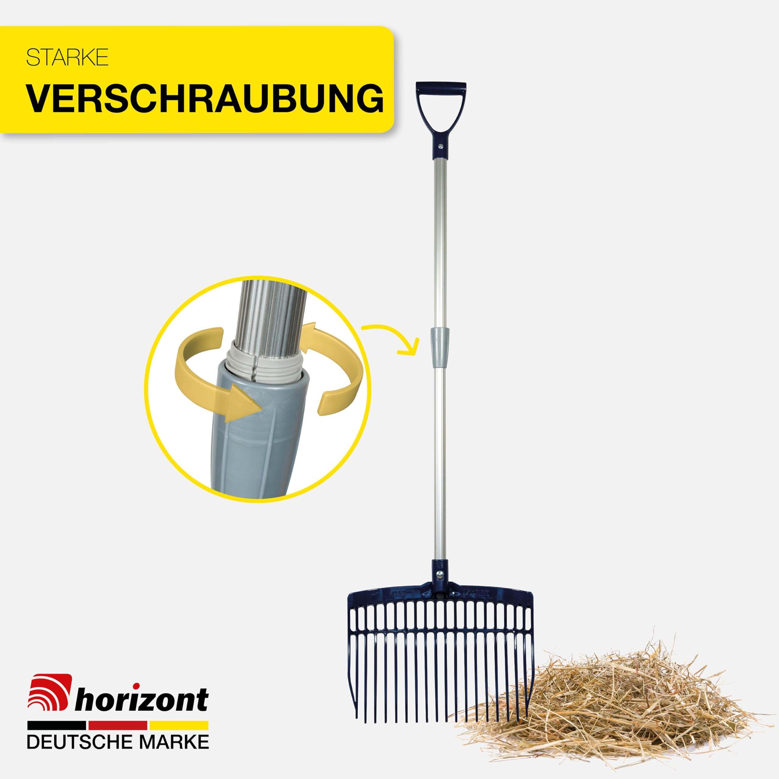 horizont Schwedengabel mit verstellbarem Aluminiumstiel 75–115 cm, Mistgabel für Kinder & Erwachsene, leichte stabile Dunggabel, ergonomisch & wetterfest, Heugabel Kinder, Bollengabel