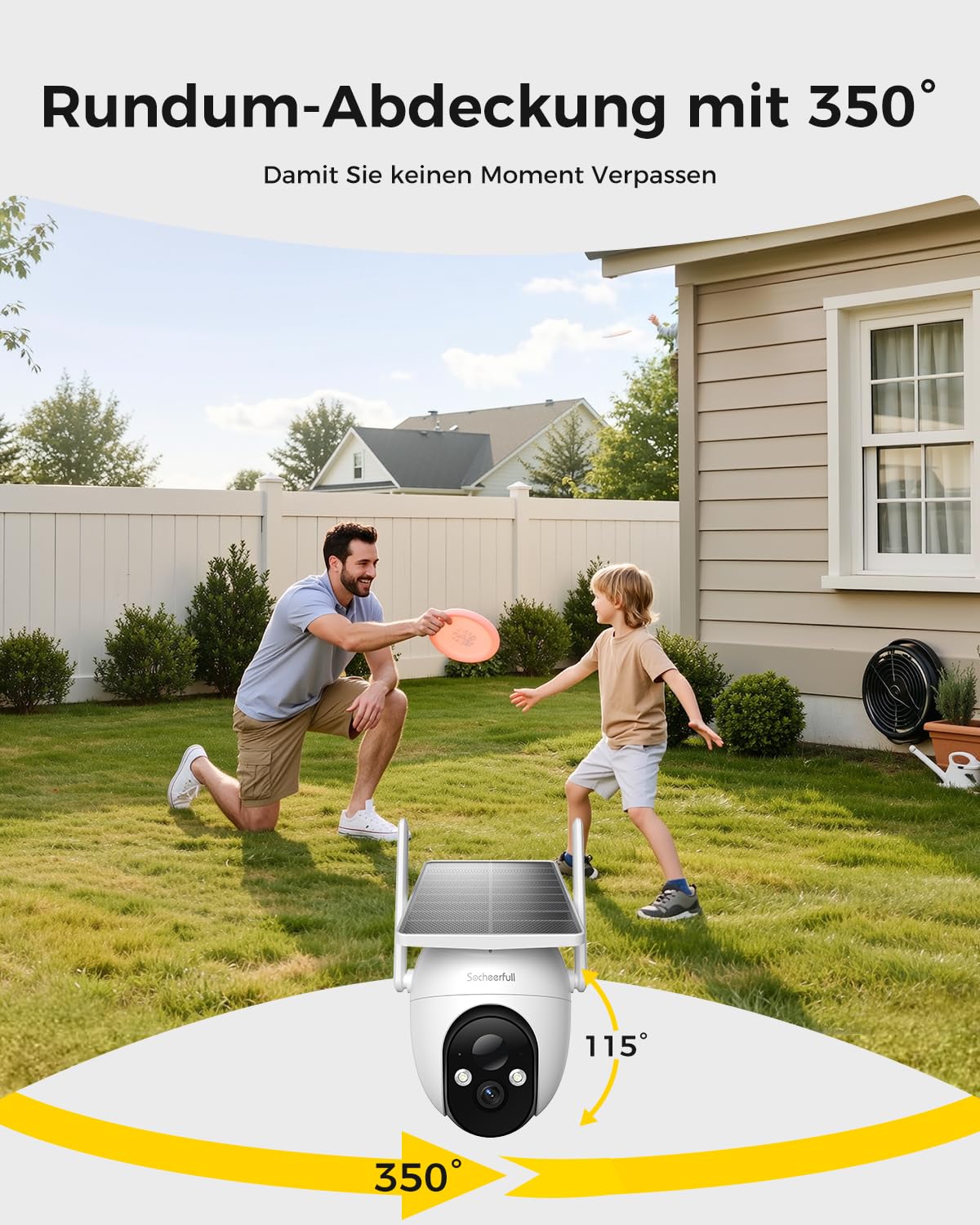2K Überwachungskamera Aussen Solar - Akku, Kabellose 2,4GHz WLAN Kamera mit Integriertem Solarpanel, 350° Rundum-Überwachung, KI-Erkennung, Farbnachtsicht und 2-Wege-Audio,IP66 Wetterfest