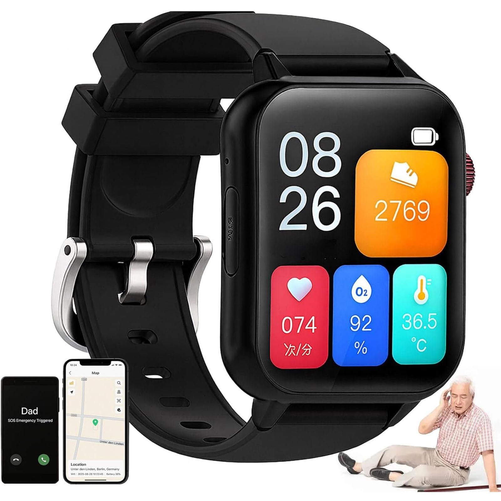 Montre Connectée 4G Avec Détection De Chute Pour Seniors, Bouton SOS, Étanchéité IP67, Géolocalisation GPS, Appels Bidirectionnels, Écran Couleur Incurvé De 1,83 Pouce, Suivi De La Santé(Noir)