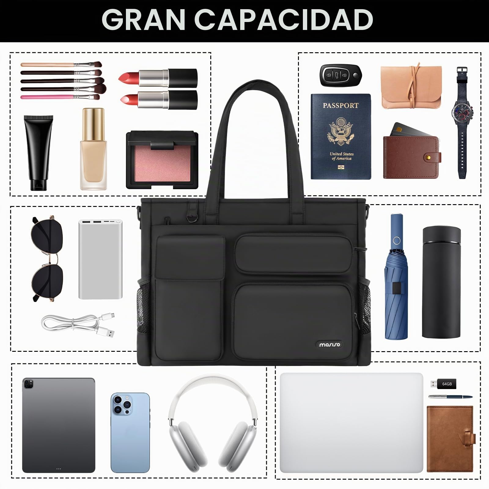 MOSISO Bolso Tote Portátil, Bolso Portátil 15-15,6 Pulgadas | Bolsos Bandolera Gran Capacidad para Ordenador Trabajo Portavasos&Compartimento Portátil&Cinturón Trasero para Trabajo, Negro