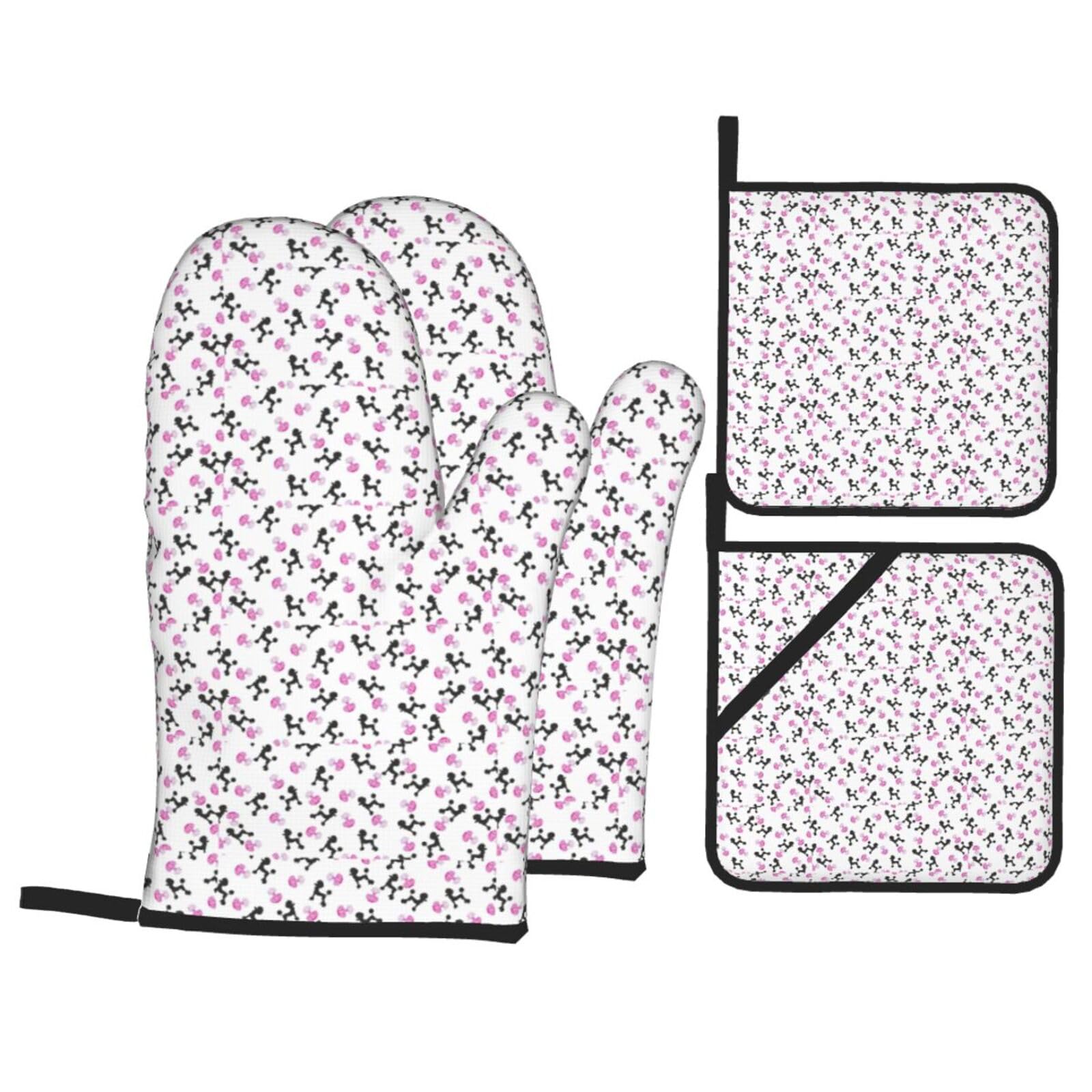 girly pink perfume bottle and poodle Print 4-Piece Oven Microwaving Set Waterproof Kitchen Gloves for Baking Grilling Cooking