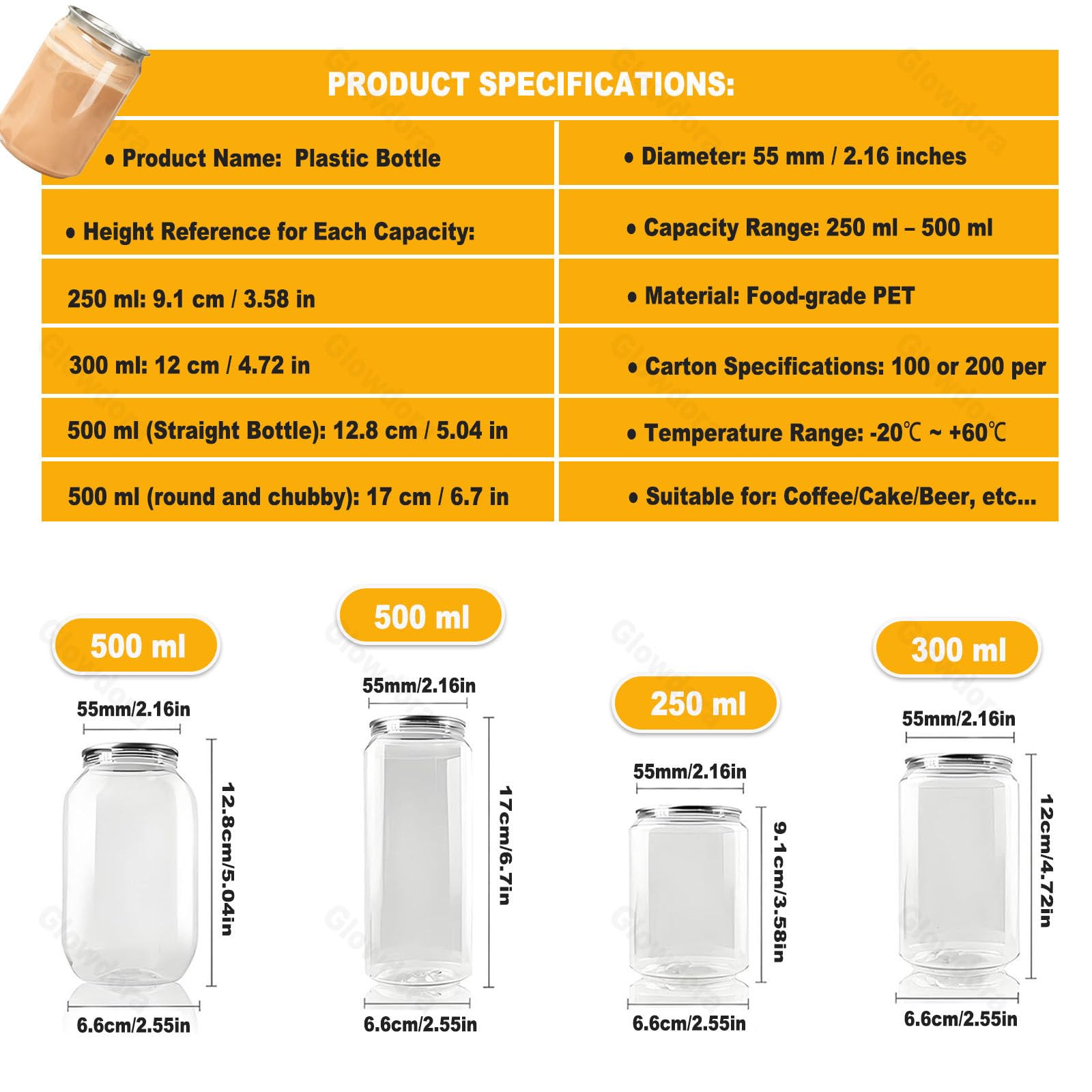 Pack De 100/200 Botellas De Plástico Pet Con Tapa, Formato Lata, 55mm De Diámetro, Capacidades: 250ml, 300ml Y 500ml. Envases Para Batidos, Café, Cerveza O Zumo De Manzana 500ml/6.7in(100sets)