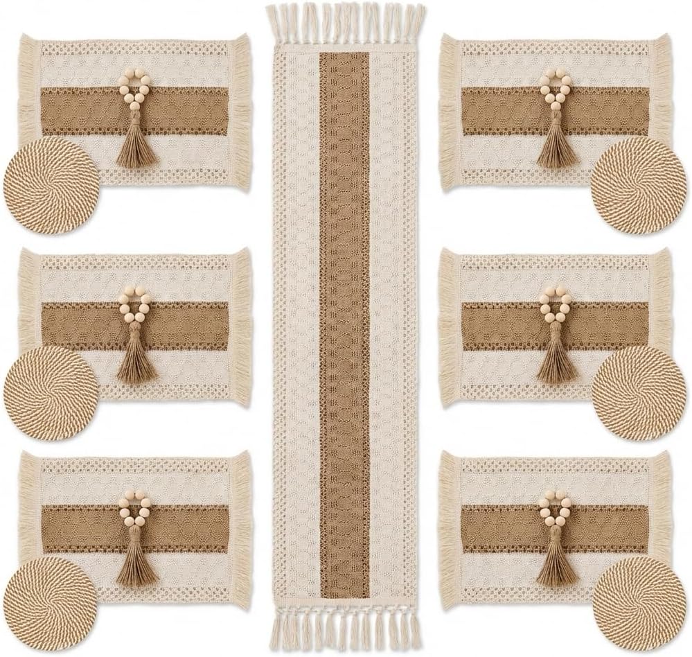 Placemats Set of 6 with Long Table Runner and Wood Napkin Rings, Hand-Woven Boho Farmhouse Dining Table Mats, Heat Resistant Washable Burlap Cotton Place Mats for Kitchen Decor, Brown Coffee
