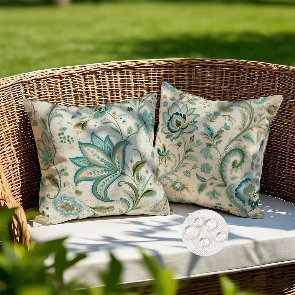 Outdoor Cushions Waterproof Vintage Cushion Covers 35cm x 35cm Set of 2 Flowers Garden Cushions Bohemian Cushion Cover Decorative Pillows Linen Throw Pillow Case for Couch Sofa Patio Garden (IU187)