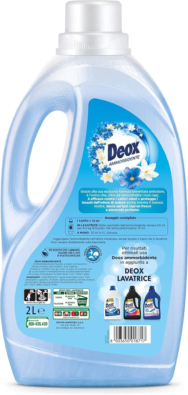 Deox Ammorbidente Soffio di Freschezza - Suavizante líquido para ropa suave y perfumada, antiolor, aroma a primavera caricia, 40 lavados 2 litros + llavero Beni Culinari gratuito