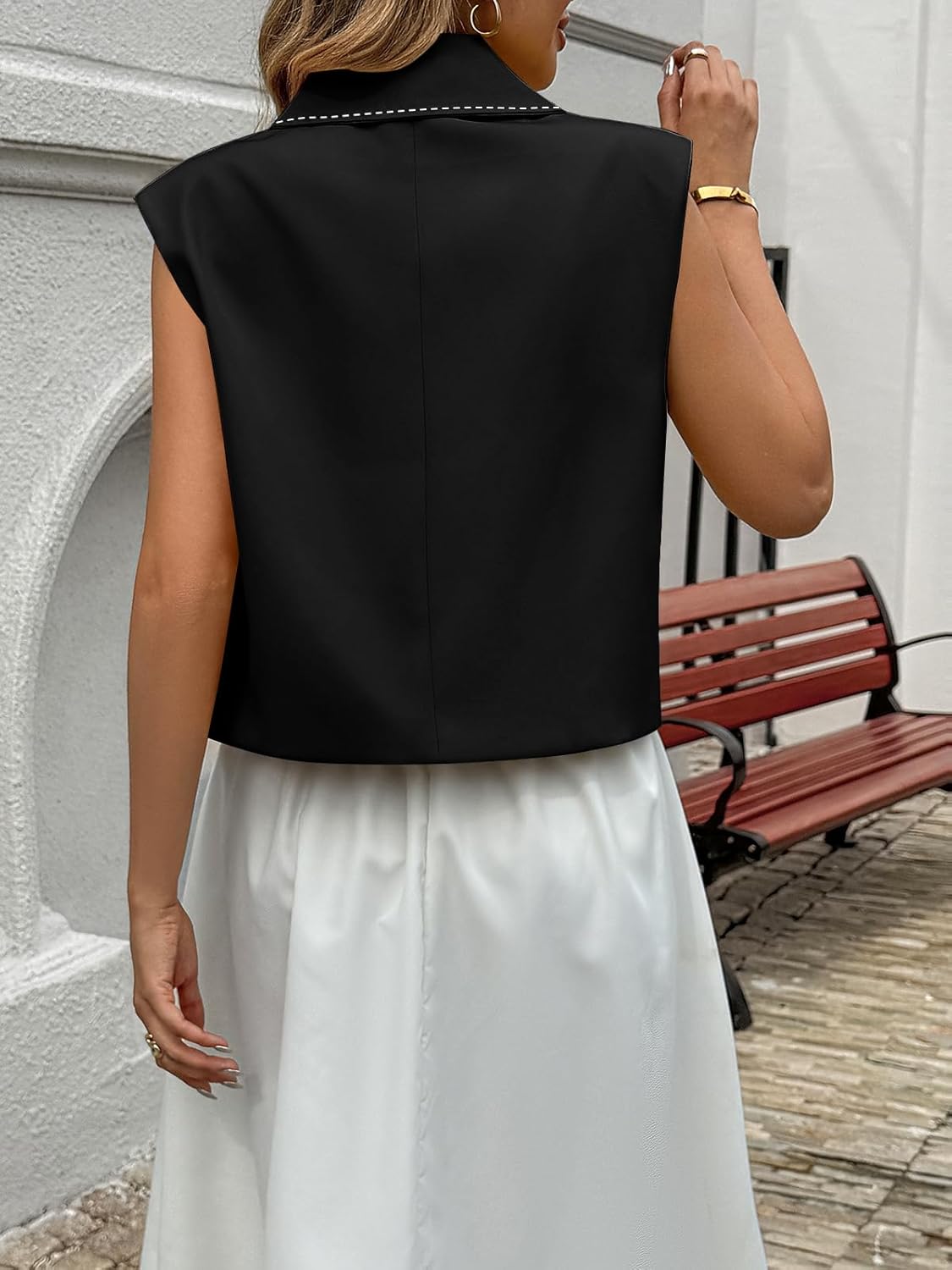 Tankaneo Womens Cropped Suit Vest Tops Cap Sleeve Lapel Collar Button Down Trendy Casual Blazer Waistcoats - Image 4