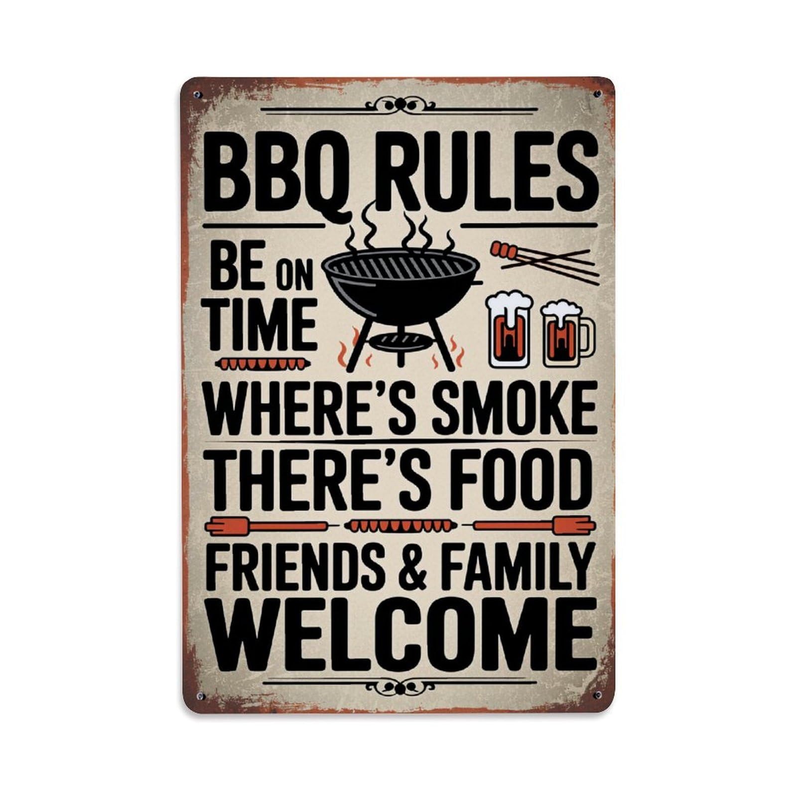 Enderetf Vintage Bbq Rules Be On Time Where's Smoke There's Food Tin Sign Metal Poster, Home Bar Garage Man Cave Cafe Indoor & Outdoor Wall Decoration 8X12inches