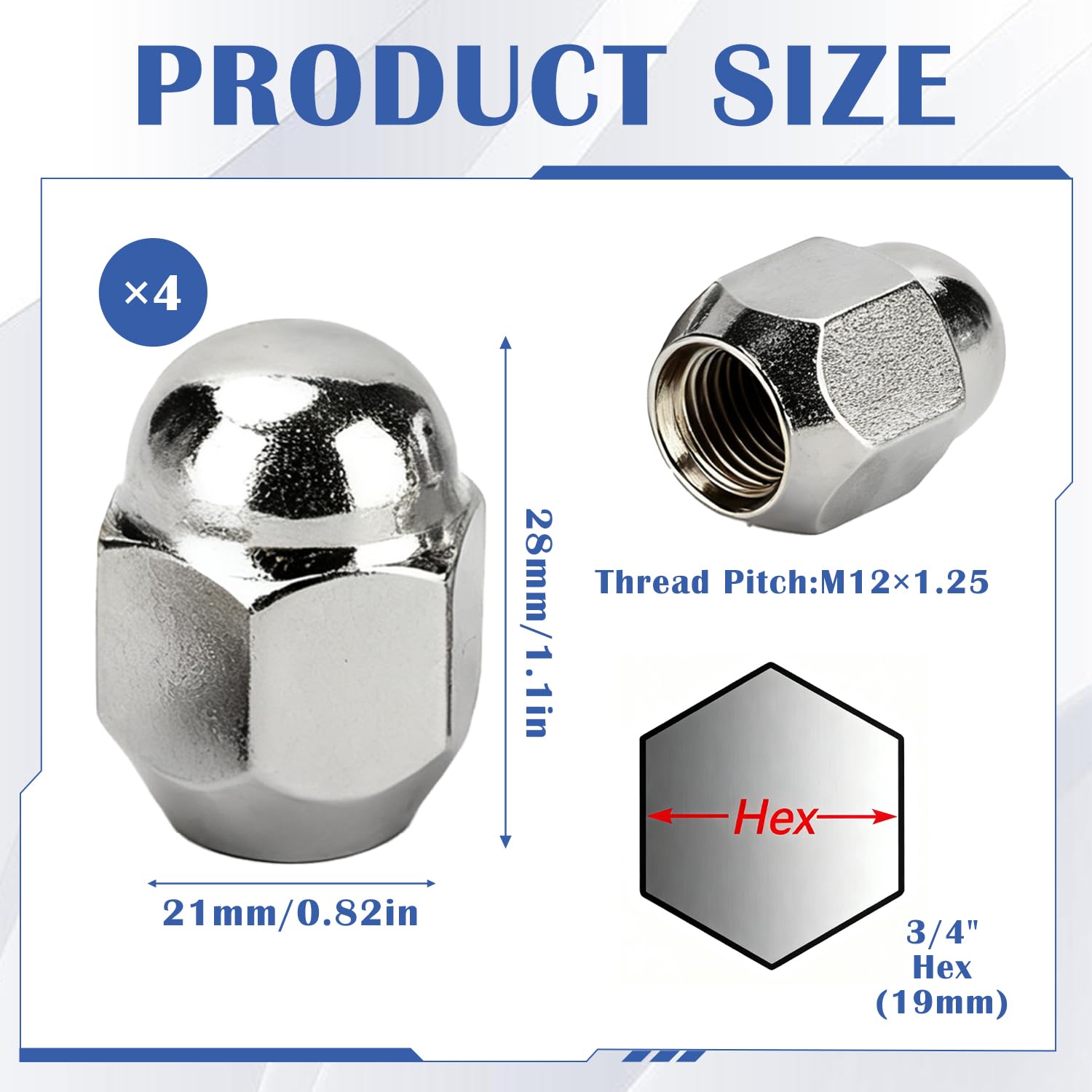 4PCS M12*1.25 Radmuttern, Chrom-Sechskant-Lug-Nuts aus Legierung für Nissan Teana X-Trail Sylphy Tiida, Universelle Auto-Radmuttern