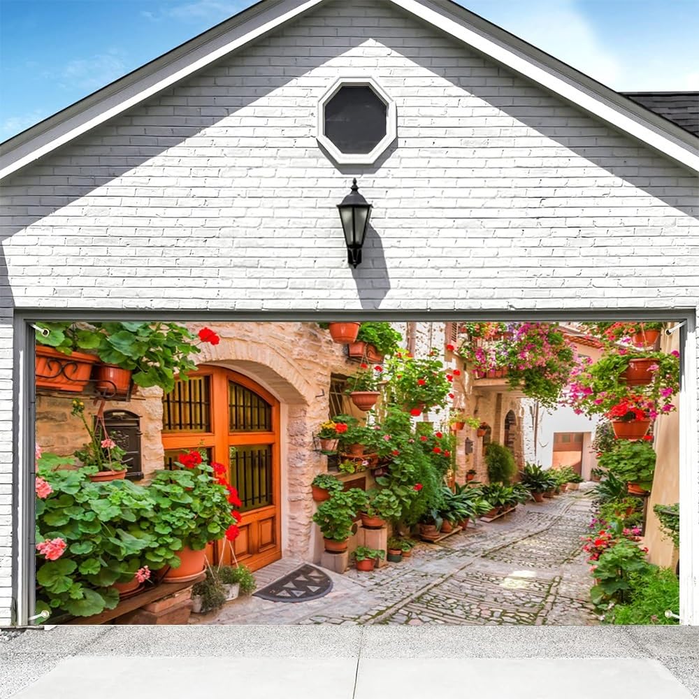 CSFOTO 7x16ft Italian Town Street Photo Backdrop - Tuscany Flowers & Narrow Alley Garage Door Banner For Spring Decor, Parties, & Photography