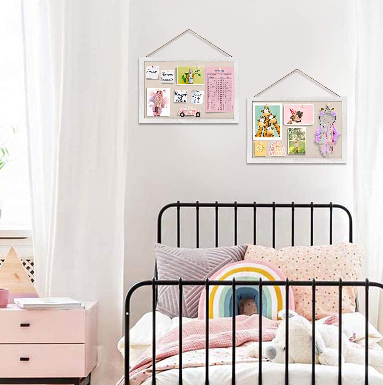 Emfogo 16x11 Wood Bulletin Boards with Linen Wall Bulletin Board for Home Kitchen Office Decorative Hanging Pin Board Frame Cork Board Light Bulletin Boards for Bedroom Pack of 2 (Vintage White) : Office Products