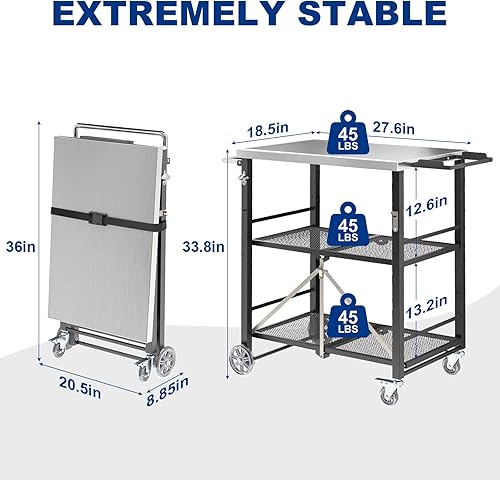 Miniatura 3 de Carrito plegable para parrilla al aire libre, mesa portátil de barbacoa de acero inoxidable con 2 ruedas de bloqueo, soporte para horno de pizza,