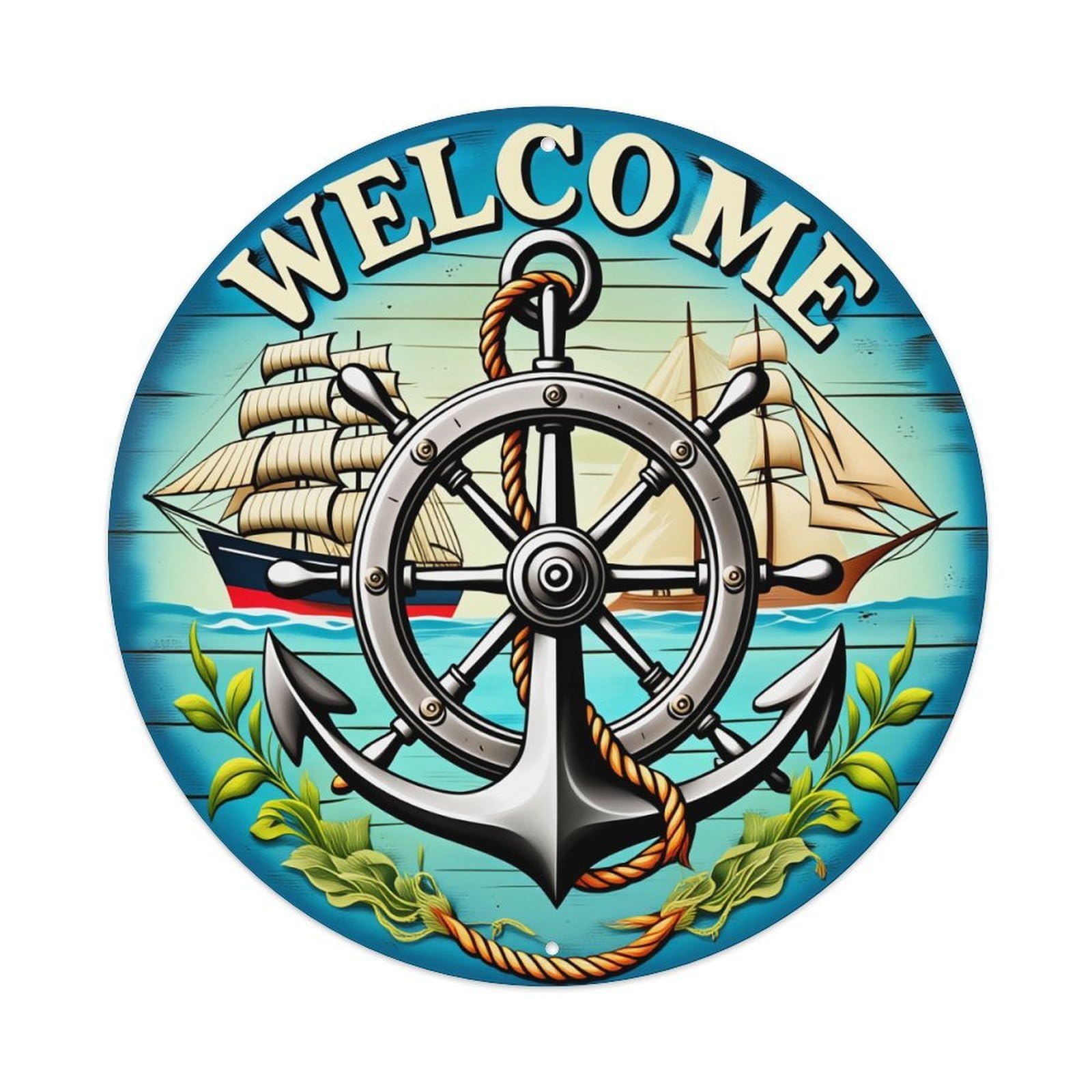 Nautical Theme With Ship Anchor And Wheel Round Tin Sign Vintage Metal Poster, Home Bar Garage Man Cave Cafe Indoor & Outdoor Wall Decoration 8x8Inches