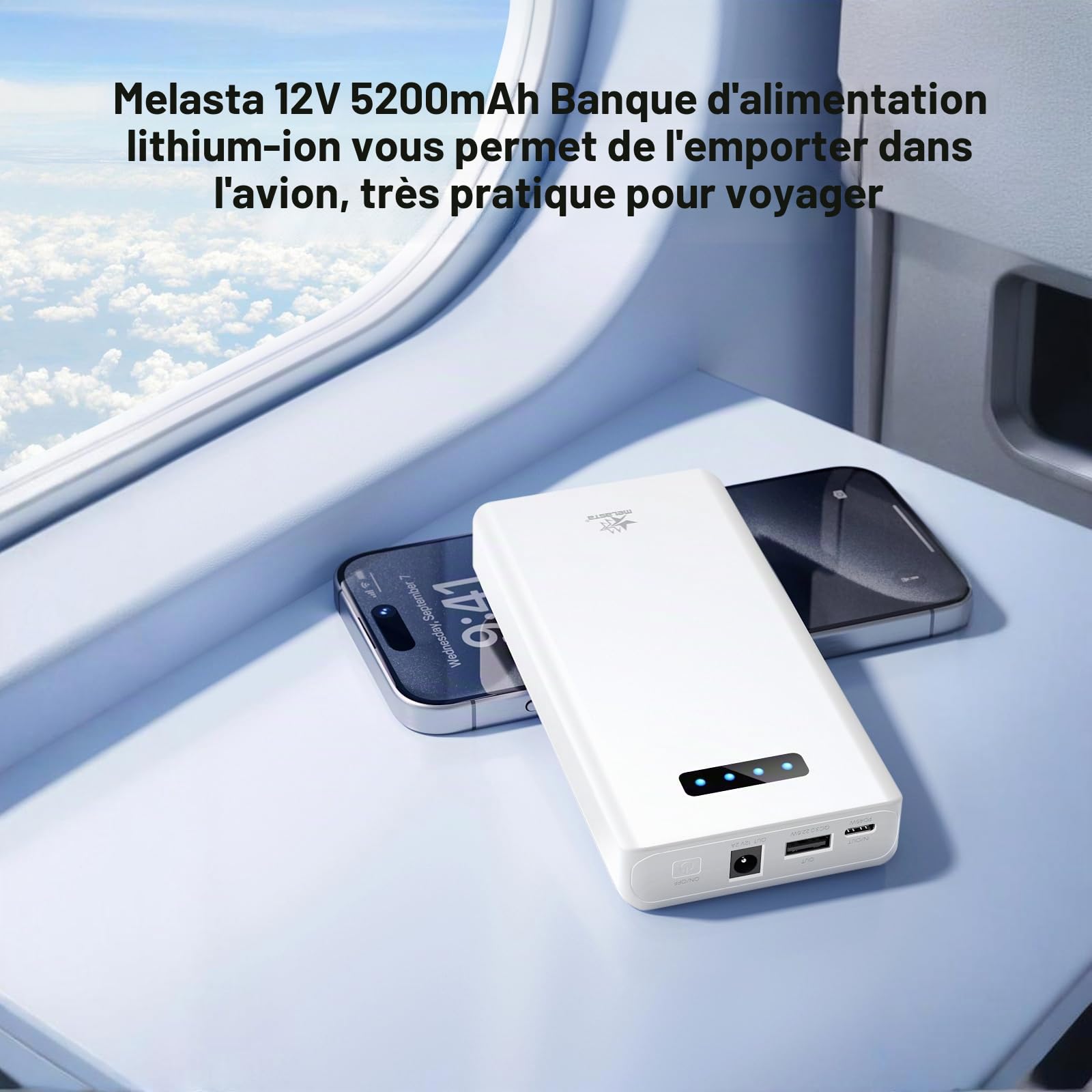 melasta Power Bank 5200 mAh, 12 V Power Bank portable pour téléphones portables avec port 3 en 1, PD 45 W USB-C Port de charge rapide | Port CC 12 V/2 A | QC3,0 22,5 W USB-A Port, Powerbank pour