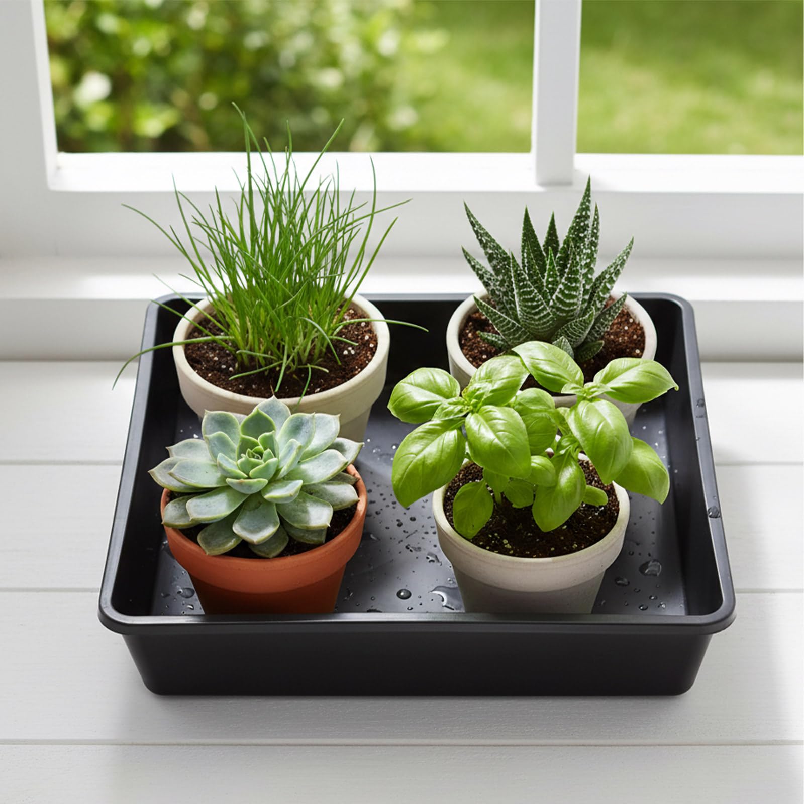 Blumentopf Untersetzer Eckig 4 Stück Schwarz | Hochwertiger Kunststoff, Stoß- und Fallbeständig, Wasserreste Auffangen, für Wohnbereich Balkon Garten M 30 x 30 cm