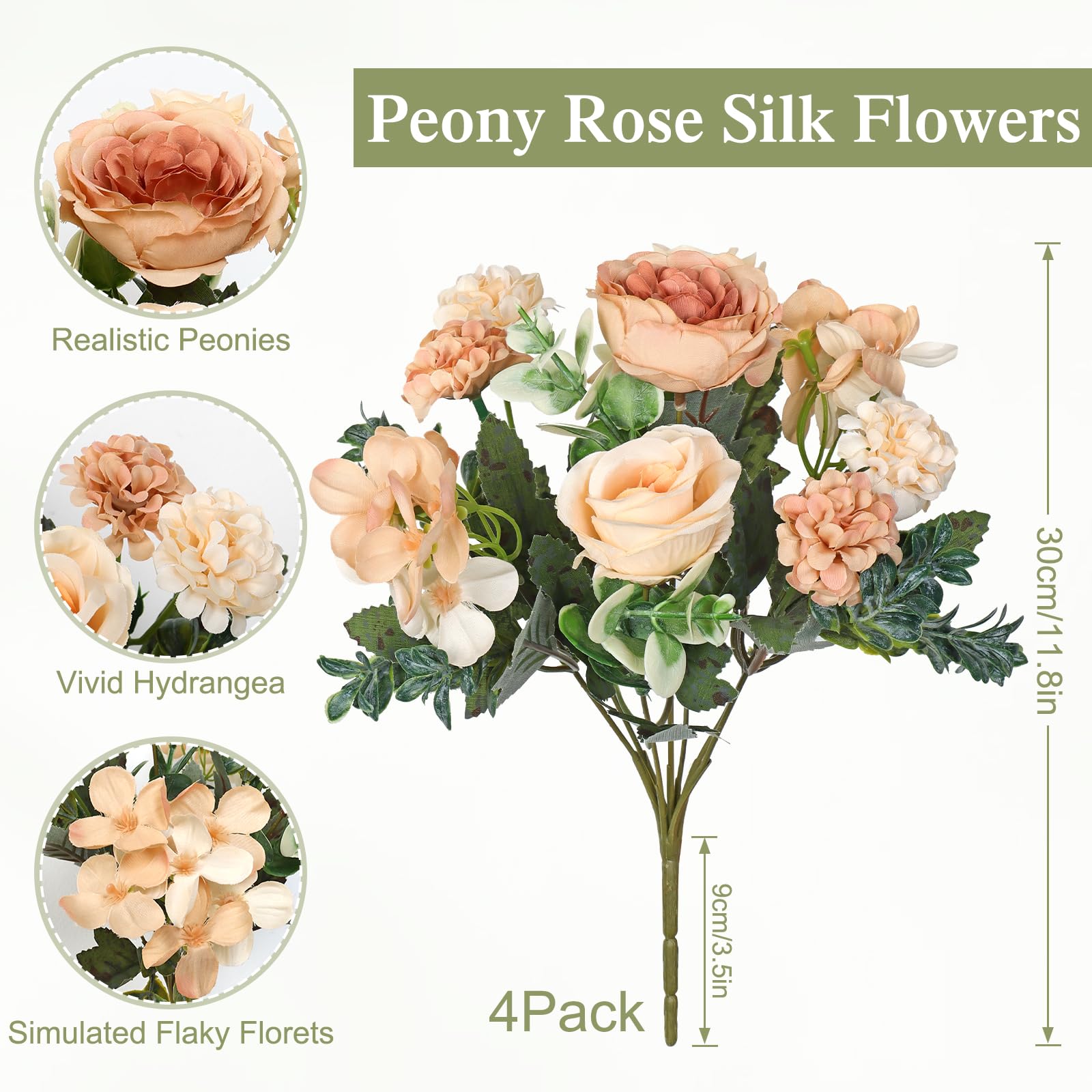 UXORSN 4 Bunches Artificial Roses Peonies Flowers Champagne Fake Flower Silk Peonies Rose Hydrangea Faux Flower Bouquet Floral Arrangement for Wedding Party Home Table Centerpieces Decor(2 - Image 3