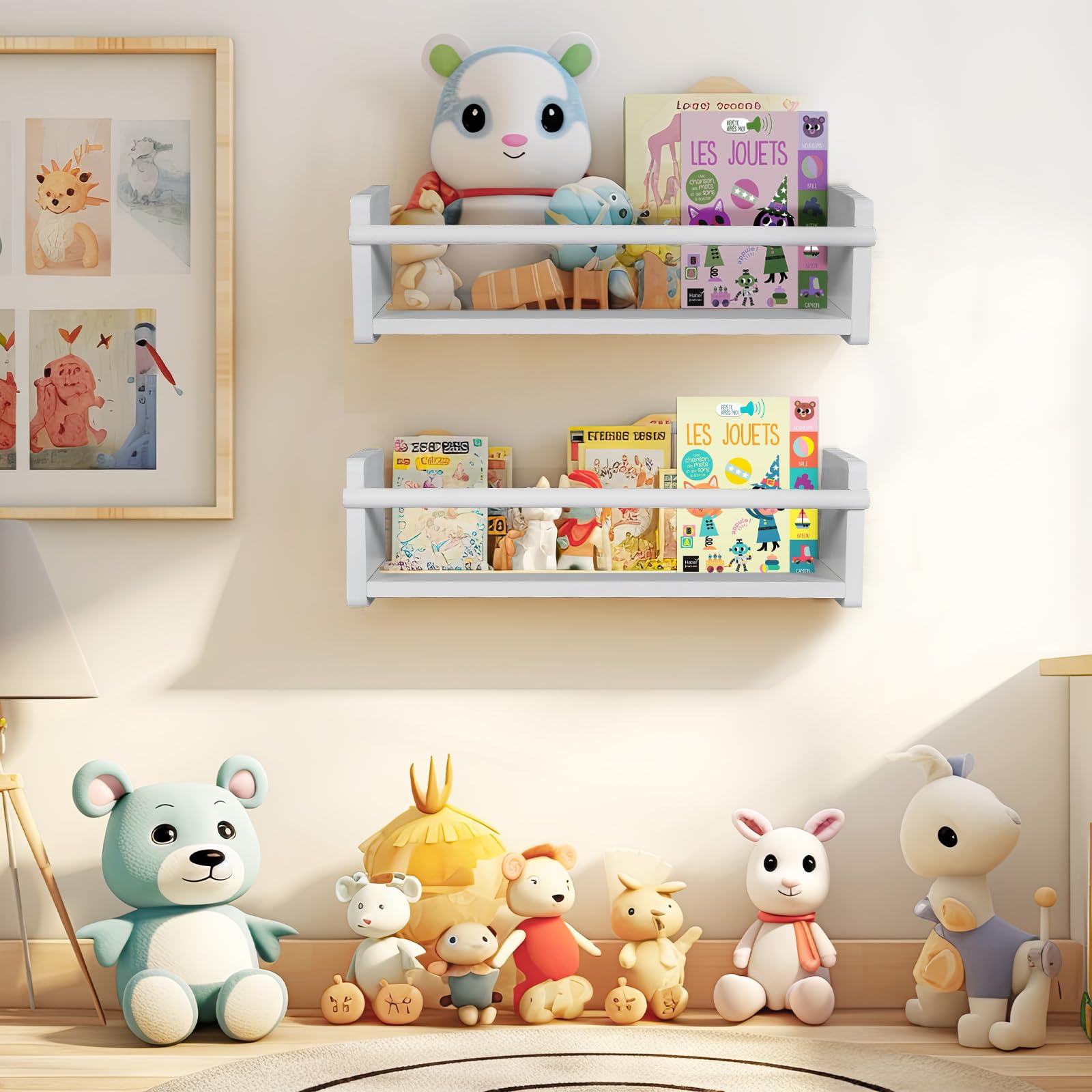YLYHSST Nursery Floating Shelves 24 Inch, Set of 2 Solid Wood Bookshelf, Suitable for Kids Room, Nursery, Toys and Decoration Storage, Kitchen Spice Rack, White