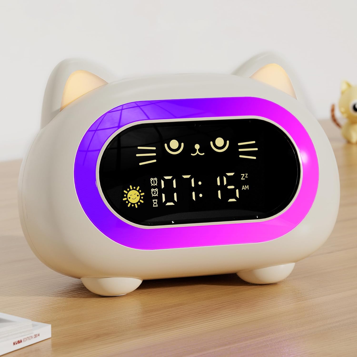 Honesorn Alarm Clock for Kids, Ok to Wake Clock for Kids, Cute Cat Kids Alarm Clock for Girls Boys Toddler, 10 Night Lights Kids Clock, 7 Soothing Sounds, Auto-Off Timer, Child Lock