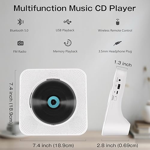 Miniatura 8 de Reproductor de CD portátil con Bluetooth, reproductor de CD de escritorio con altavoces duales, reproductor de CD de radio con puerto AUX USB,