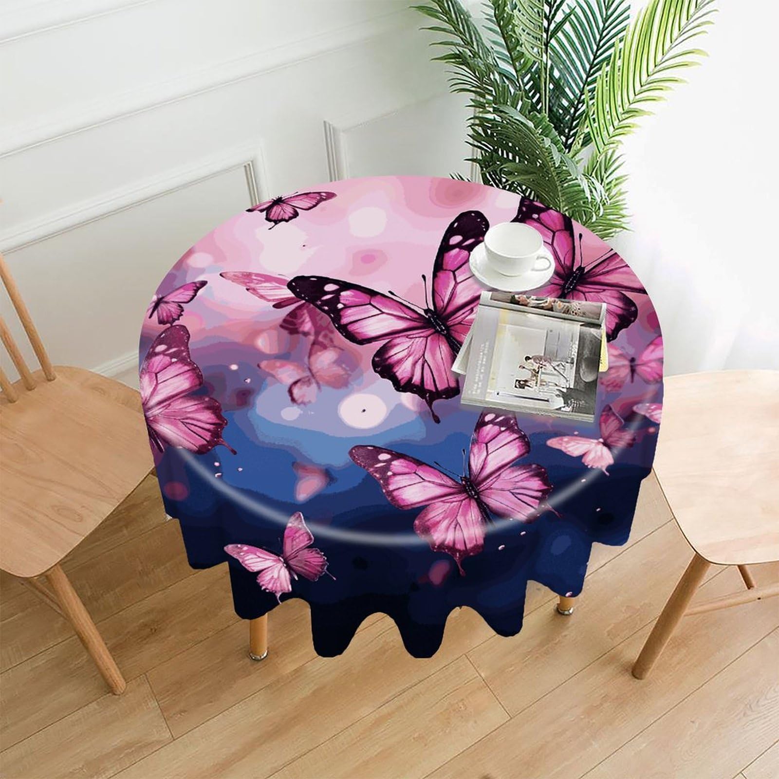 MUSM 60 Inch Pink Butterflies Round Tablecloth Wipeable Washable Table Cover for Kitchen and Dining Room Decorative Table Cloth for Party Holiday Picnic Outdoor