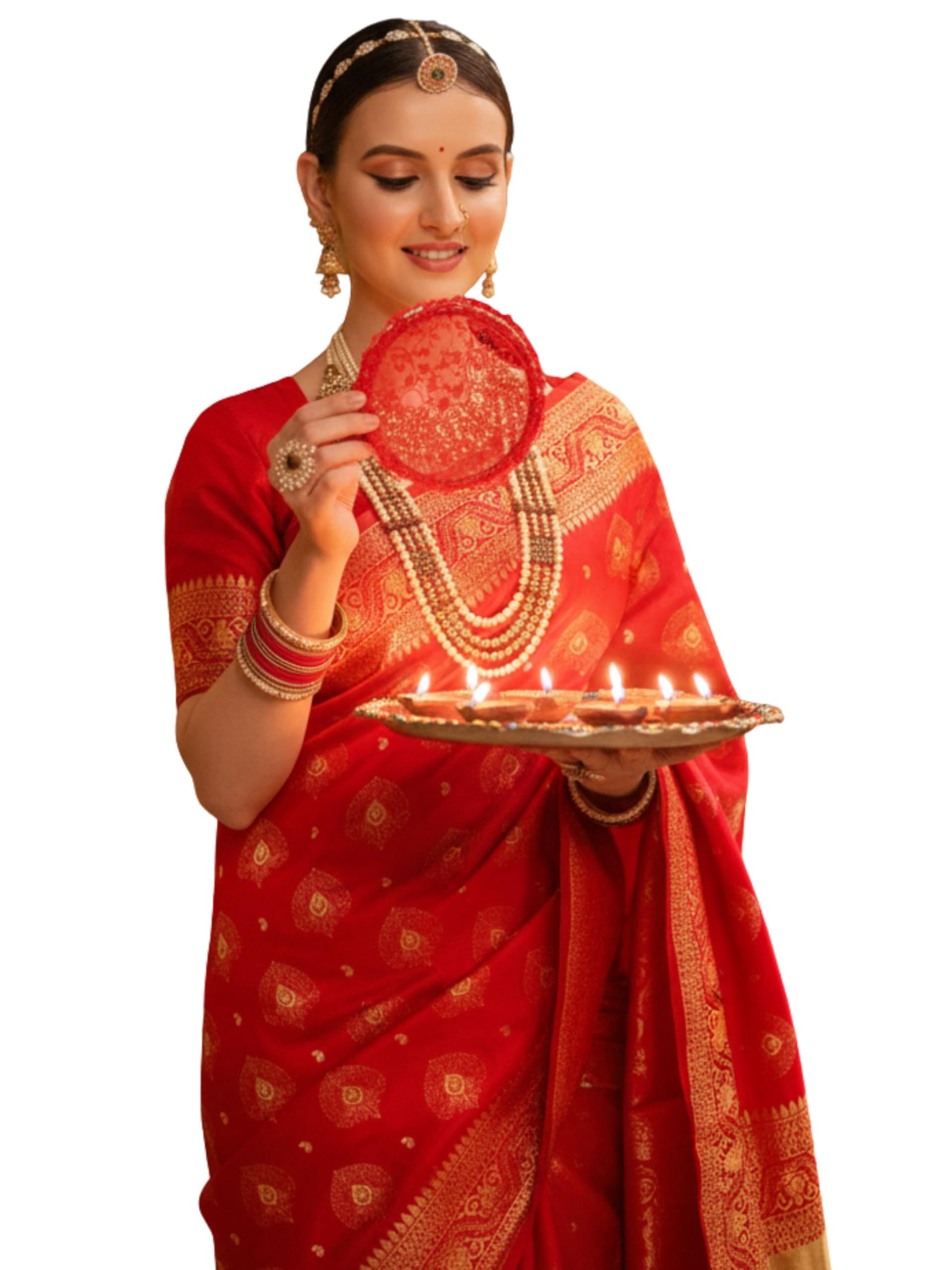 EthnicJunctionWomen's Paithani Silk Blend Woven Saree With Blouse Piece | Karwa Chuth Speical Saree | Red Saree