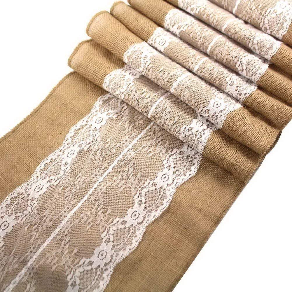 Lelly Q Rustic Burlap Lace Hessian Table Runner Jute Country Outdoor Wedding Party Décor Thanksgiving Christmas Decor (2 Packs C)