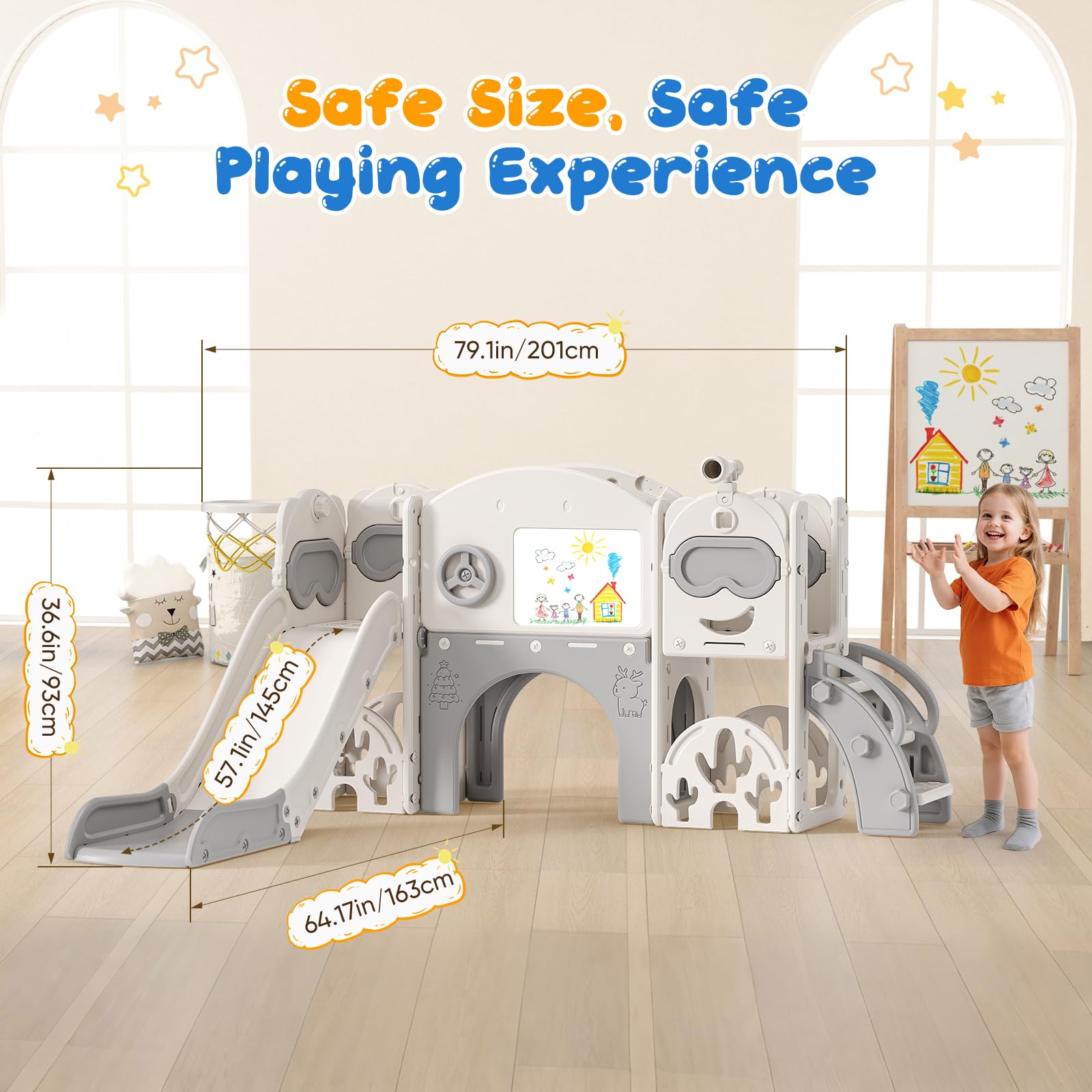 Scivolo per bambini, scivolo per bambini piccoli indipendente con canestro da basket, attrezzatura per parco giochi con scivolo, scivoli all'aperto (Blu Grigio-7 in 1)