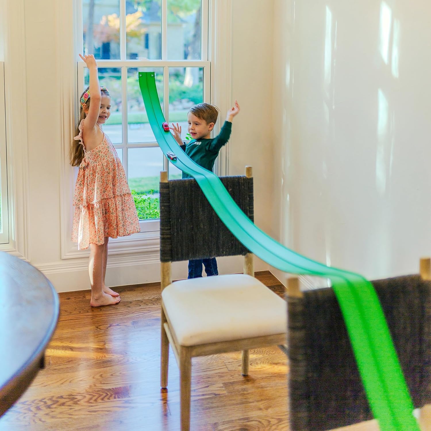 FlexTrack 5000 Flexible Race Car Track for Kids, Toy with Suction Cups Compatible with Hot Wheels and Cars 3mm Die-Cut and Over 15ft Long (Electric Green)