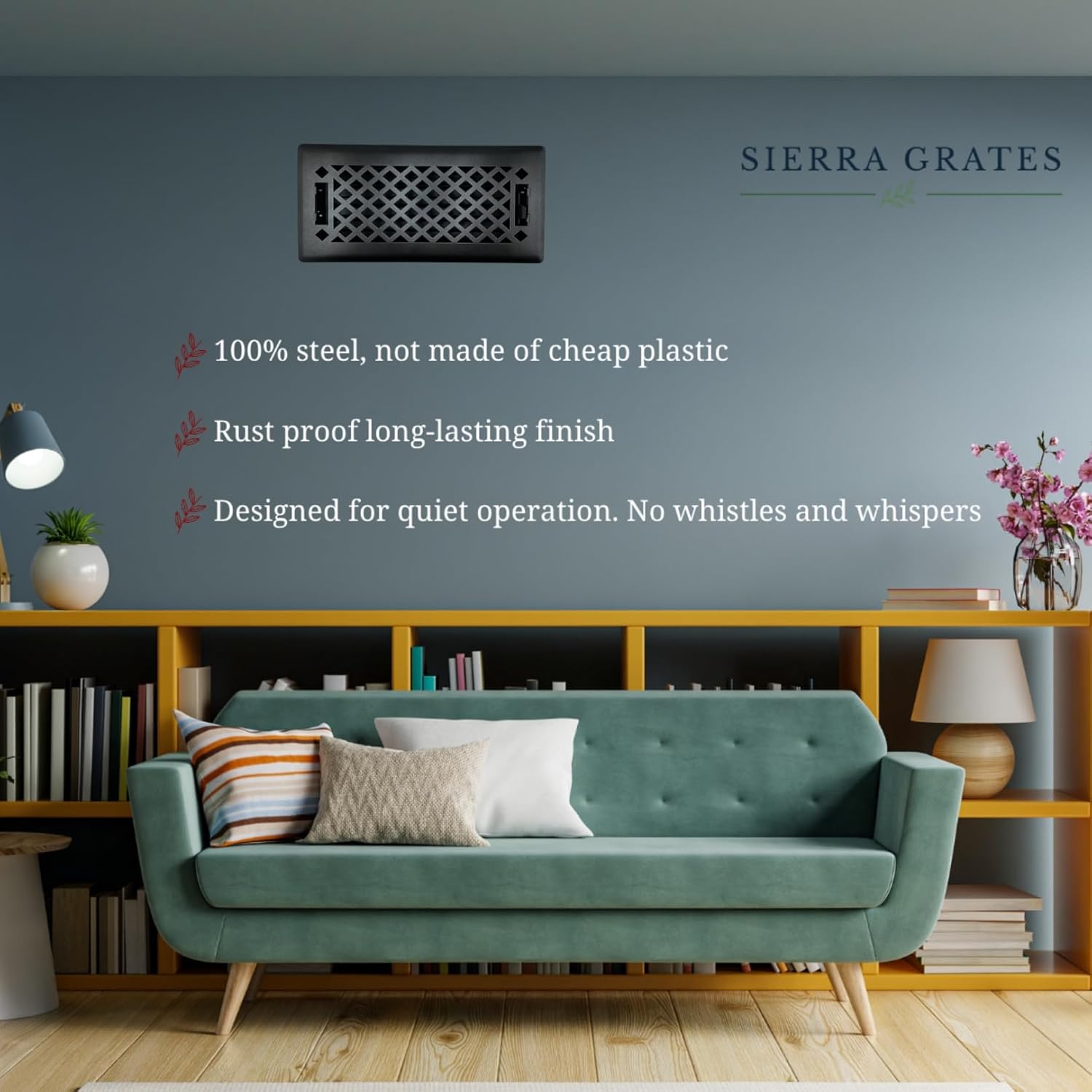 5 Pc, Sierra Grates 4" x 10" Lattice Design Steel Floor Register in Textured Black Finish with mounting Clips- for Floor or Side Wall- Decorative Air Vent Covers- Floor Register 4” x 10”