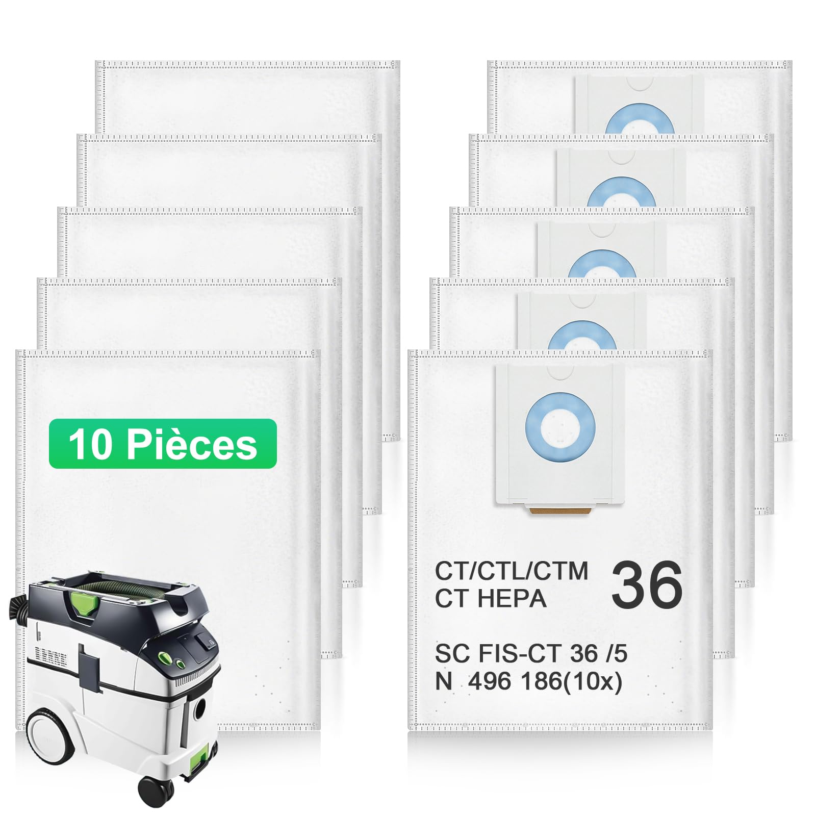 10 Sac Aspirateur compatible avec Festool CT 36 / CTM 36 E/CTL 36 E Aspirateur, 496186 Sac filtrants pour Festool SC FIS-CT 36, Jetables et Grande Capacité