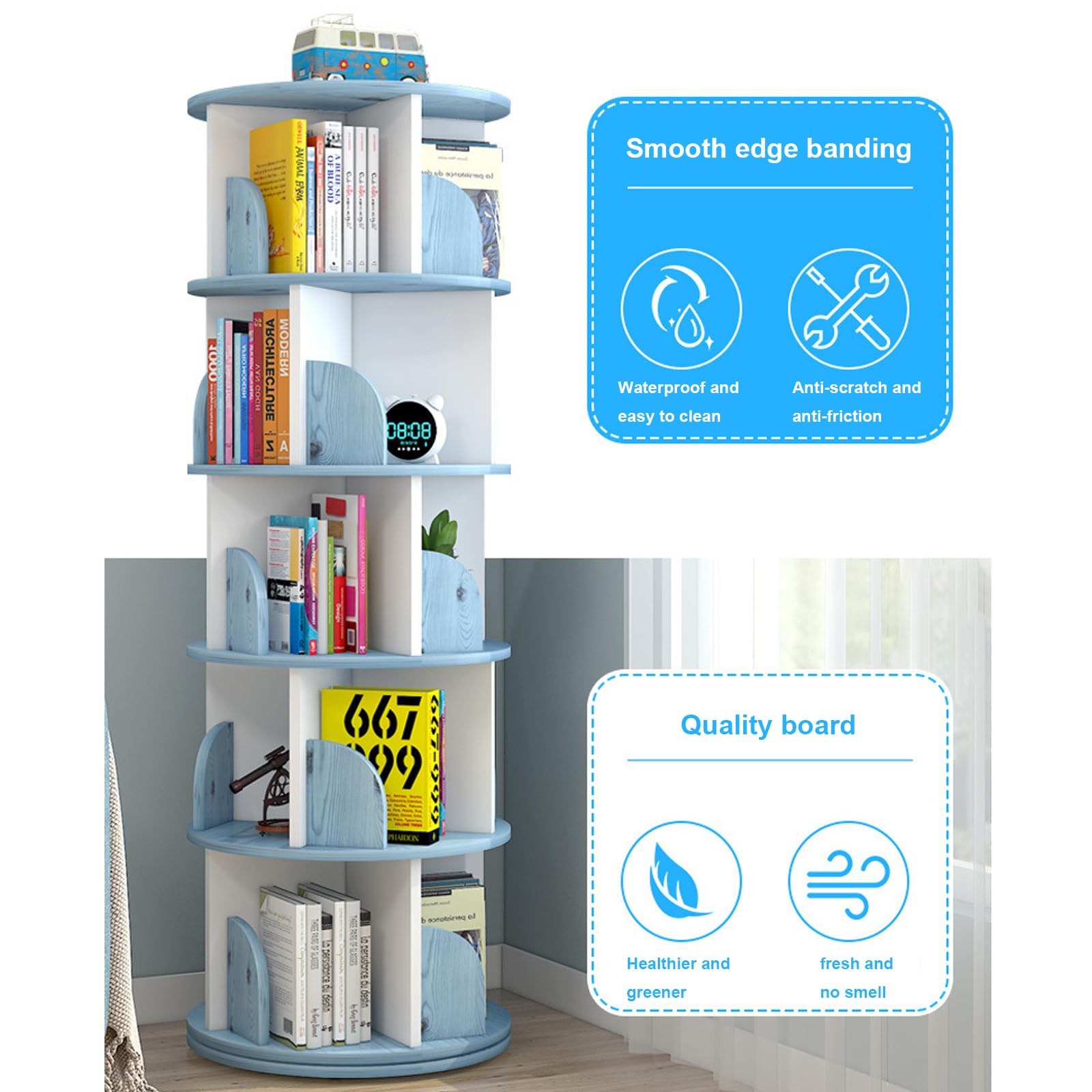 Libreria girevole per bambini, libreria a rotazione a 360 °, piccola libreria d'angolo con ruote, porta di stoccaggio della libreria in plastica in PVC, libreria rotante per camera da letto, soggiorno