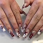 BABALAL coffin Press-on Nails French Glue on Nails White, Red Star Rhinestone Acrylic 24pcs Ballerina Y2k Artificial False Nails for Women & Girls