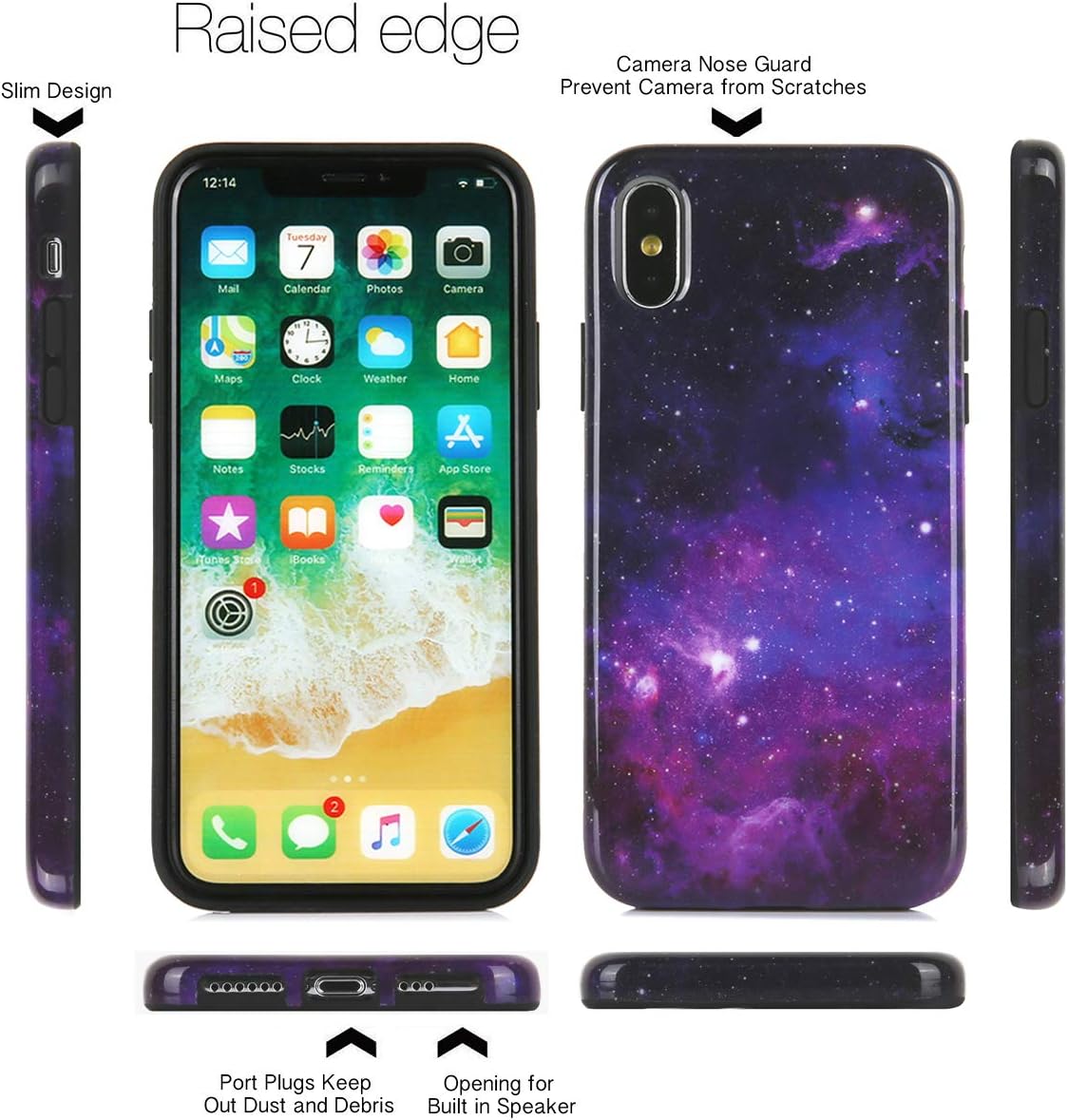 iPhone Xs iPhone X Case Cute Galaxy Blue Purple Starry Sky Floral Pattern IMD Hybrid Hard TPU Shockproof Phone Cases for Women Girls Men Boys[5.8"]