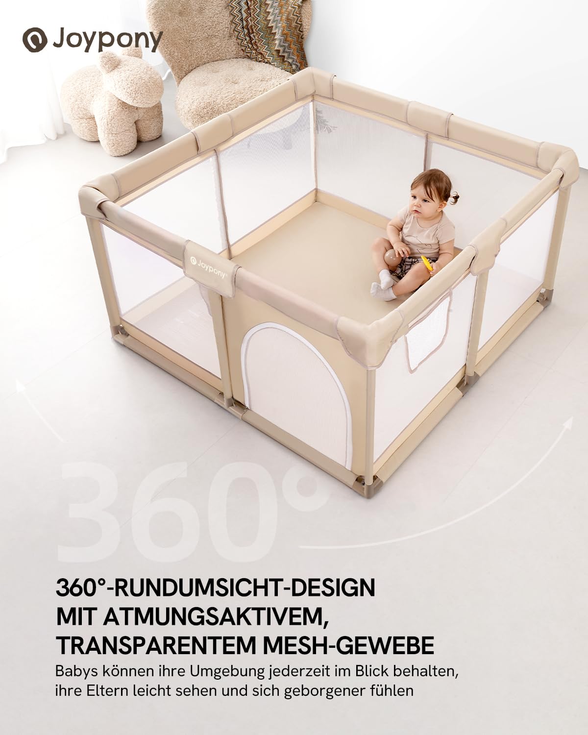 Joypony Parc pour bébé - 127 x 127 cm - Avec filet respirant à 360° - Ventouses antidérapantes - Zone de jeu stable pour bébés et tout-petits - Parc d'intérieur - Beige clair