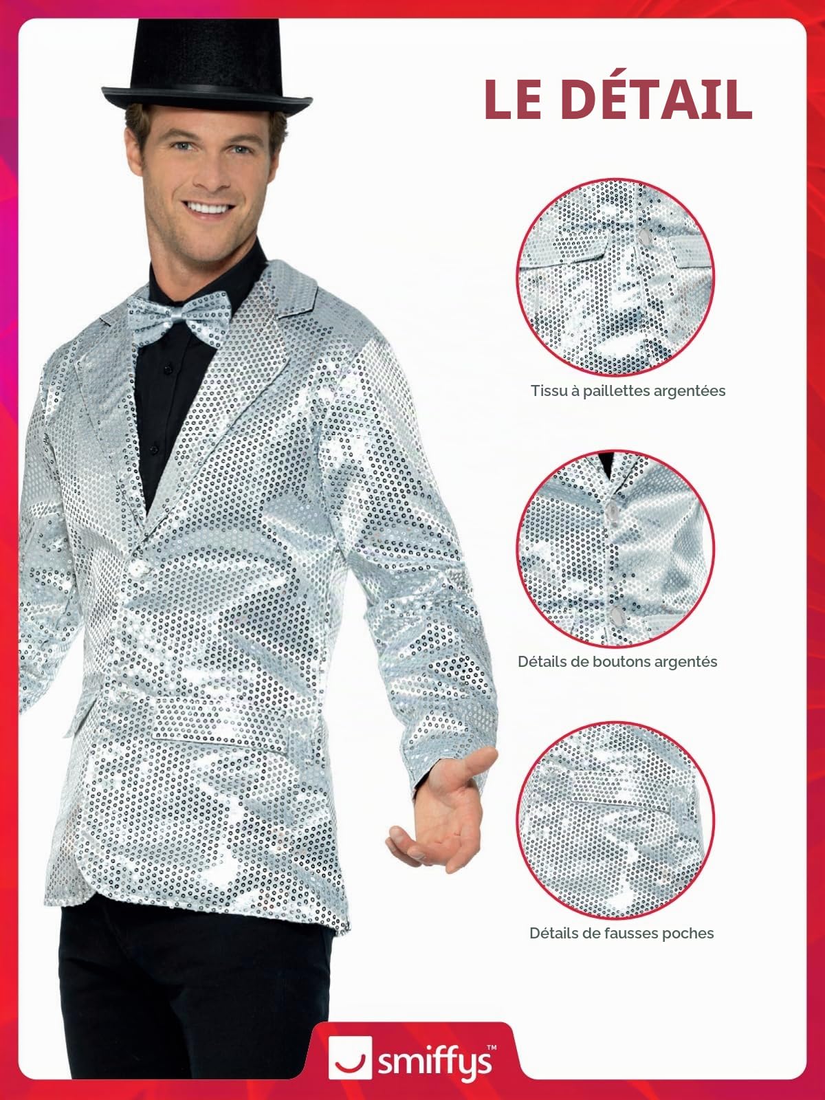 Smiffys - 21139L - Déguisement Homme, Veste À Paillettes - Taille - Argent