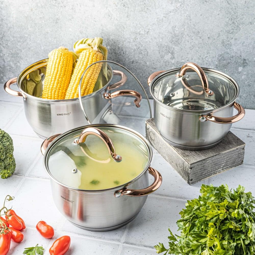 Kinghoff Topfset Induktion 6-teiliges, Kochtopf Set mit Glasdeckel, Kochgeschirr aus Edelstahl außen mattiert, Töpfe Set, Geeignet für alle Herdarten, Spülmaschinenfest, (Rosegold)